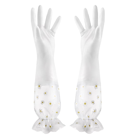SouMaox Rubber Dishwashing Gloves Floral Trim Long Sleeve Reusable Household Kitchen Cleaning Supplies Waterproof Laundry Hand Gauntlets