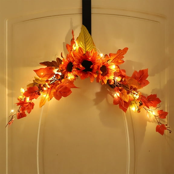 SouMaox Sunflower Maple Leaf Door Lintel, Lifelike Floral Foliage, Battery Operated LED Glow, Festive Hanging Ornament for
