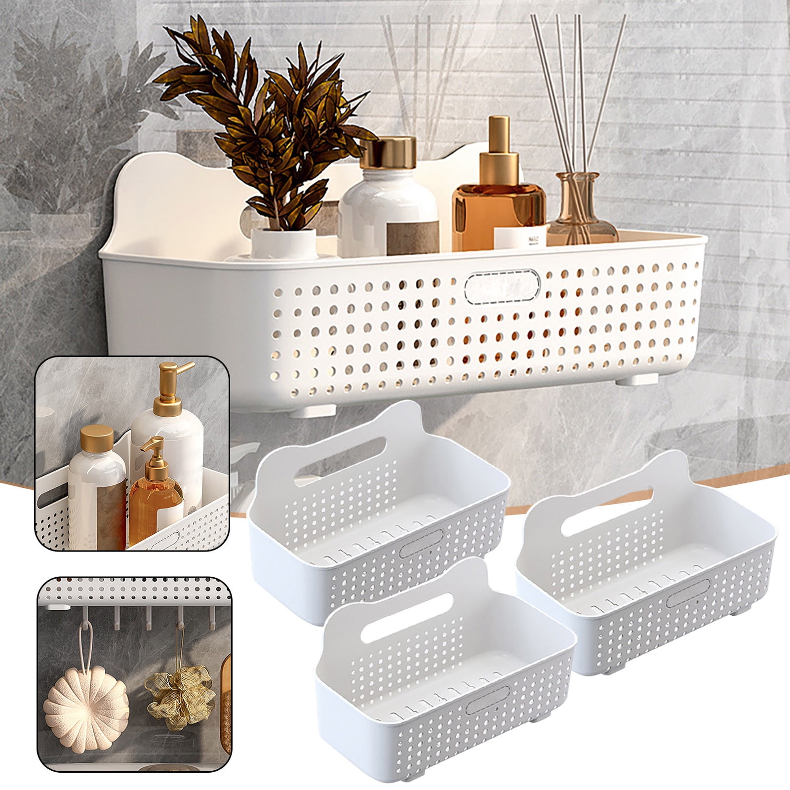SouMaox Wall Mounted Storage Basket, Adhesive Floating Shelf, Plastic Organizer, Holding Toiletries Washing Supplies for Bathroom Kitchen