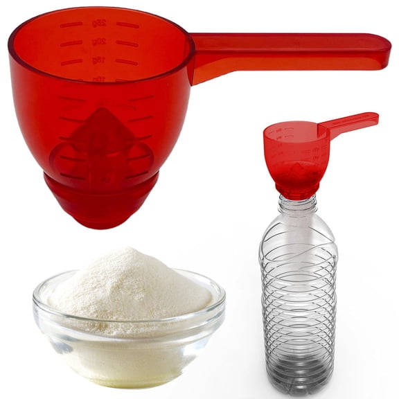 Souew 2-in-1 Measuring Spoon Funnel, Multipurpose Measuring Scoop, Integrated Mess Free Pouring Funnel for Washing Powder Coffee Protein Powder Pet Food Liquids(Red)