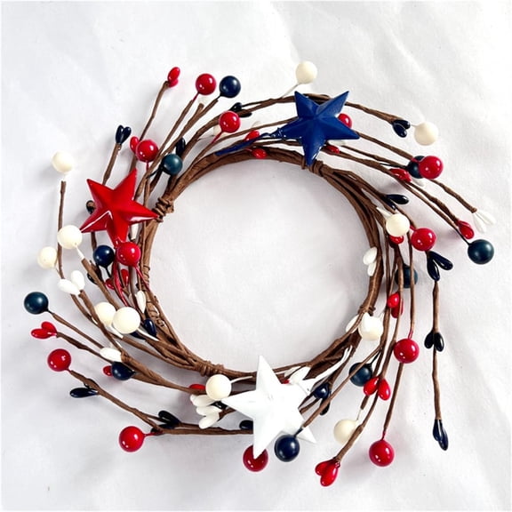 Souew 4Th of July Patriotic Mini Wreath, 9.4 Inch Red White Blue Berry Candle Ring, Small Artificial Wreath for Pillar Candle, Independence Day Memorial Day Home Table Decor