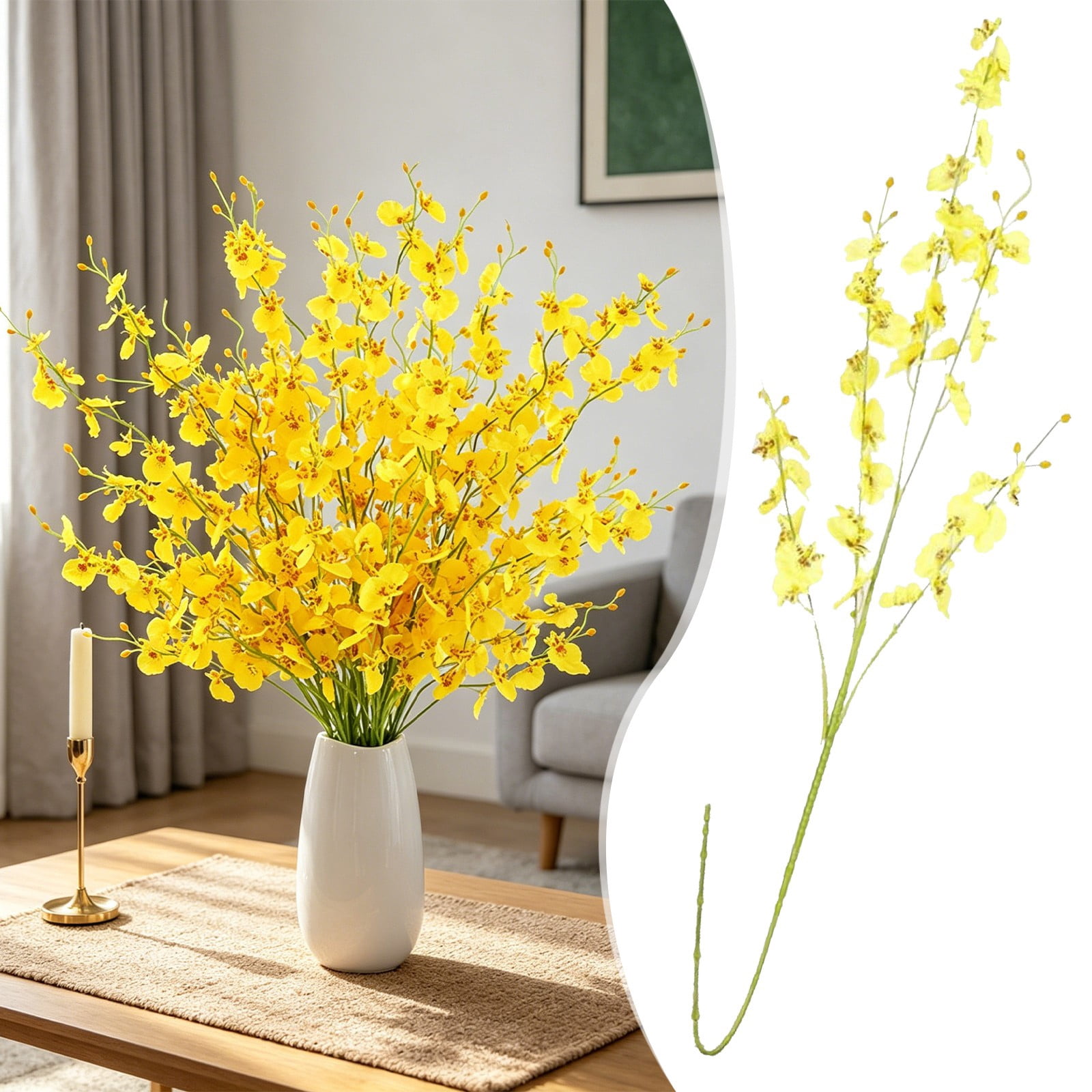 Souew 5 Stems Artificial Yellow Dancing Orchid Bouquet, Realistic Long Stem Fake Silk Flowers, Lifelike Faux Floral Arrangement for Indoor Outdoor Wedding Home Table Vase Decor