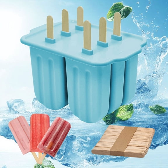 Souew 6-Cavity Popsicle Molds Homemade Bpa-Free Silicone Popsicle Maker Mold Set Easy Release Popsicles Molds with Sticks Diy Ice Pop Mold with 50Pcs Popsicle Sticks(Blue)