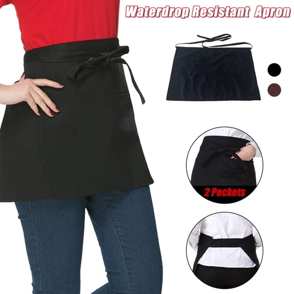 Souew Black Water Resistant Waist Apron with 2 Pockets, Adult Half Apron for Waitress Chef Server, Durable Short Apron for Kitchen Restaurant Cafe Cooking Baking