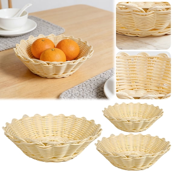 Souew Polypropylene Wicker Bread Baskets, Imitation Rattan Fruit Baskets, Hand Woven Round Scalloped Tabletop Food Serving Basket Tray for Fruits, Vegetables and Snacks, Home Kitchen Bakery M