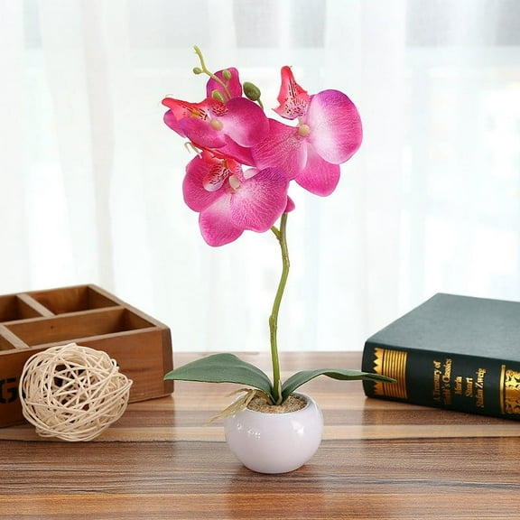 Souew Rose Red Artificial Butterfly Orchid Bonsai with Pot 3 Heads Fake Phalaenopsis Potted Plant for Indoor Home Office Desktop Elegant Decor