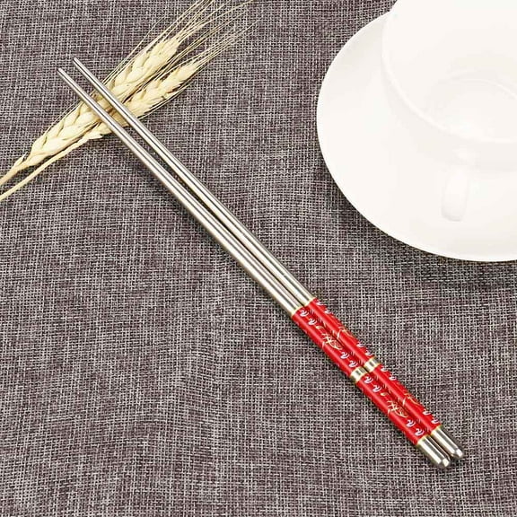 Souew Stainless Steel Chopsticks, 8.9 Inch Red Fish Pattern Reusable Metal Chopsticks, 1 Pair Durable Anti Slip Tableware for Home Daily Dining Kitchen Use