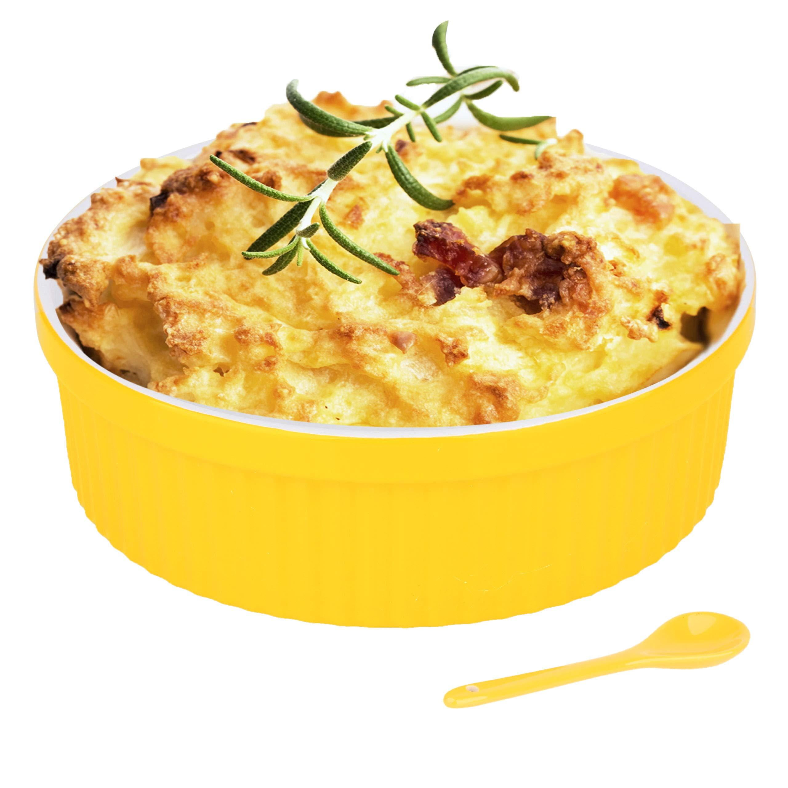Large Yellow Ceramic Souffle Dish with Mini Spoon