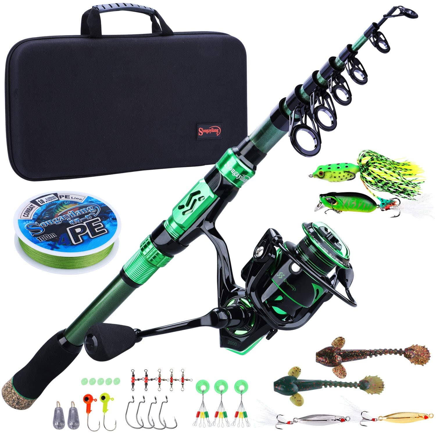 Sougayilang Telescopic Fishing Rod and 12+1BB Spinning Reel Combos -  Carrying Case Full Kit 