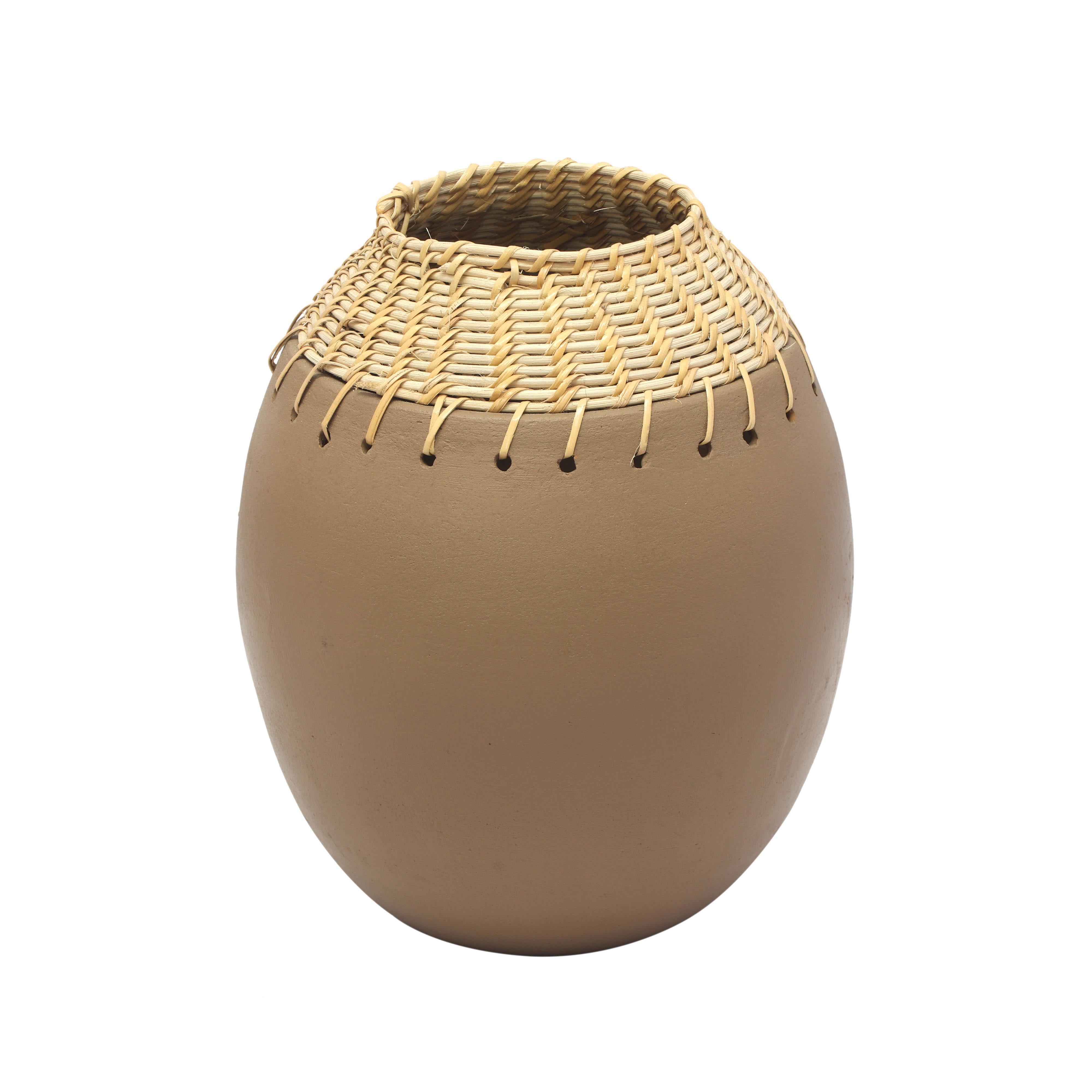 Natural Terracotta Decorative Vase with Woven Rattan Top