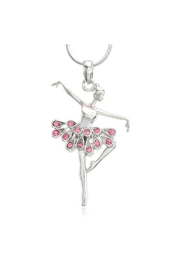 Light Pink Ballerina Ballet Dance Recital Necklace Pendant Chain Charm Rhinestones