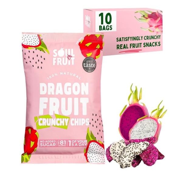 Soul Fruit - Freeze Dried Dragon Fruit Crisps - Crunchy Dried Fruit Snack - No Added Sugar High in Fibre - Low Calorie Snacks - Gluten Free - Healthy Snacks for Adults & Kids - 10 x 20g