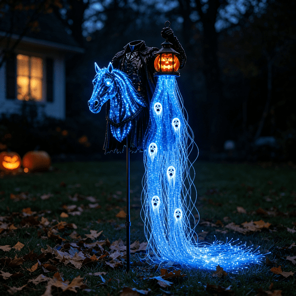 Soul Harvester Headless Horseman Solar Garden Light, Halloween Resin Yard Stake, Pumpkin Lantern With Blue Fiber Optic Ghost Tassel, Decor For Lawn Porch Party Scene