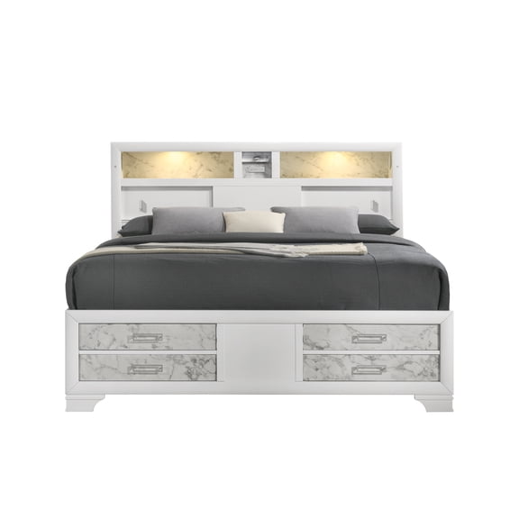 Soul Modern Style Queen Bed with Footboard drawers and shelves in the headboard Made with Wood in White