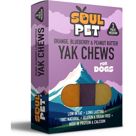 Soul Pet Box of 3 Orange, Blueberry, Peanut Butter Yak Chews for Dogs
