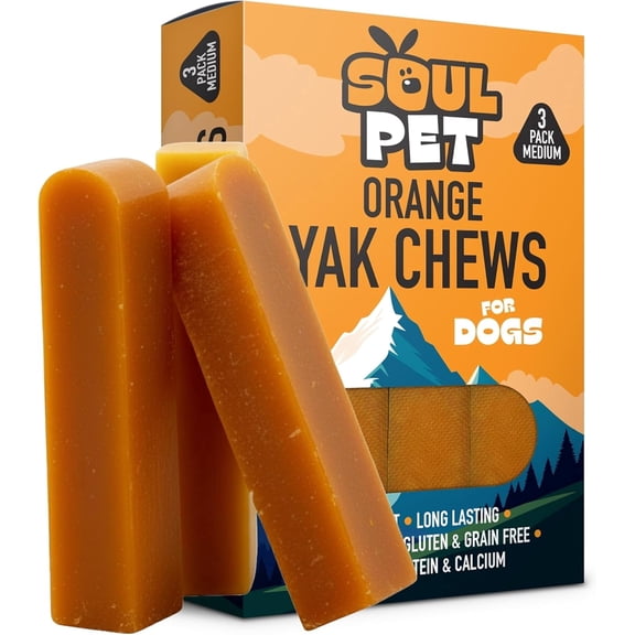 Soul Pet Natural Orange Original Box of 3 Medium Yak Chews for Dogs | Vitamin-Rich Himalayan Cheese Treats | Long-Lasting, Grain-Free, Dental Chews