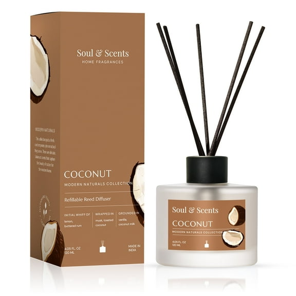 Soul & Scents Reed Diffuser Set – Coconut | 4.1 oz Refillable Scented Oil with 6 Fiber Sticks | Long-Lasting Home Fragrance & Air Freshener for Bedroom, Bathroom, Office | Gift & Décor Piece