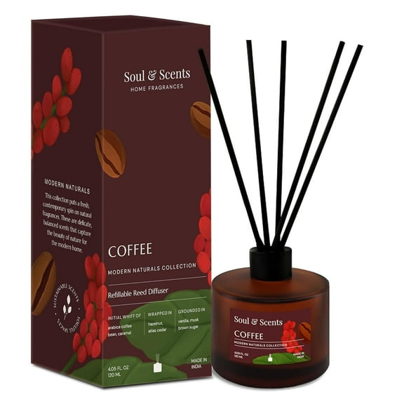 Soul & Scents Reed Diffuser Set – Coffee | 4.1 oz Refillable Scented Oil with 6 Fiber Sticks | Long-Lasting Home Fragrance & Air Freshener for Bedroom, Bathroom, Office | Gift & Décor Piece