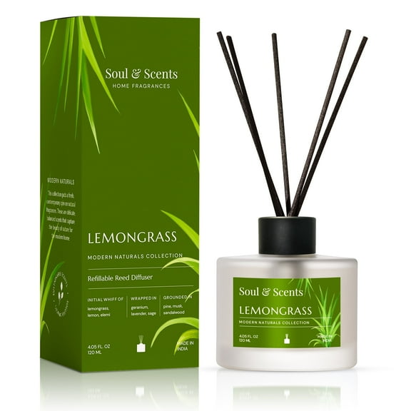 Soul & Scents Reed Diffuser Set – Lemongrass | 4.1 oz Refillable Scented Oil with 6 Fiber Sticks | Long-Lasting Home Fragrance & Air Freshener for Bedroom, Bathroom, Office | Gift & Décor Piece