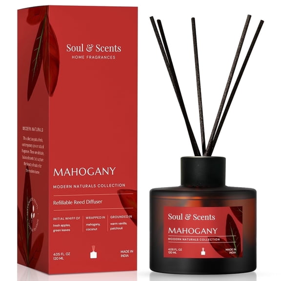 Soul & Scents Reed Diffuser Set-Mahogany, 4.1 oz Scented Oil with 6 Fiber Sticks, Long-Lasting Home Fragrance for Bedroom, Bathroom, Office