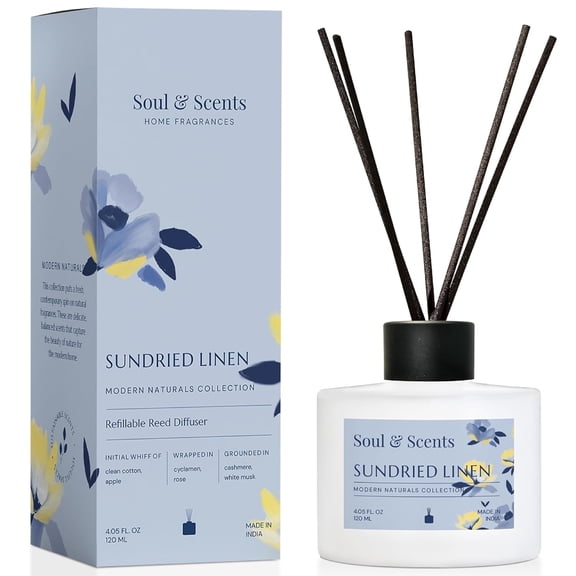 Soul & Scents Reed Diffuser Set-Sundried Linen, 4.1 oz Scented Oil with 6 Fiber Sticks, Long-Lasting Home Fragrance for Bedroom, Bathroom, Office