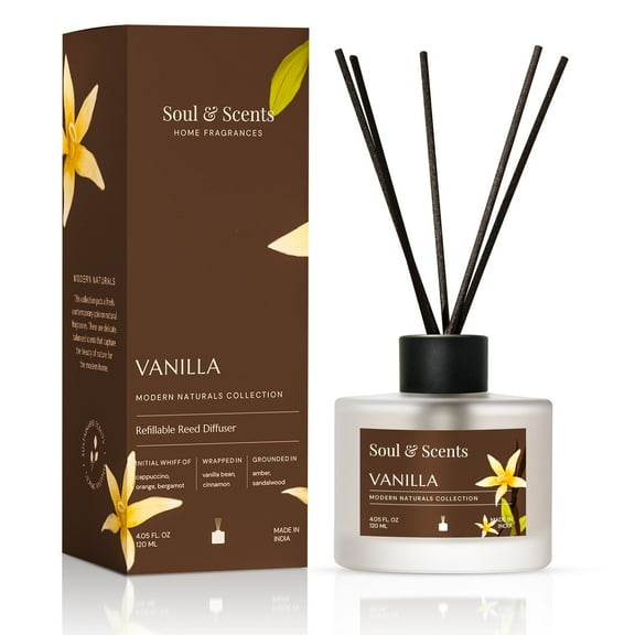 Soul & Scents Reed Diffuser Set – Vanilla | 4.1 oz Refillable Scented Oil with 6 Fiber Sticks | Long-Lasting Home Fragrance & Air Freshener for Bedroom, Bathroom, Office | Gift & Décor Piece