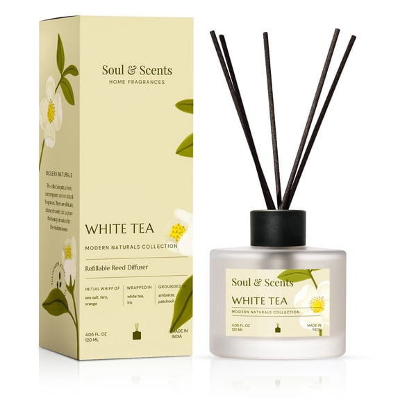 Soul & Scents Reed Diffuser Set-White-Tea, 4.1 oz Scented Oil with 6 Fiber Sticks, Long-Lasting Home Fragrance for Bedroom, Bathroom, Office
