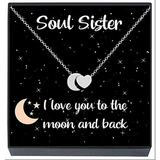Soul Sister Necklace Jewelry Gifts , ''I Love You to the Moon and Back'' Heart Necklace, Friendship Best Friends Forever, BFF, Besties, Women, Teens, Girls (Silver)