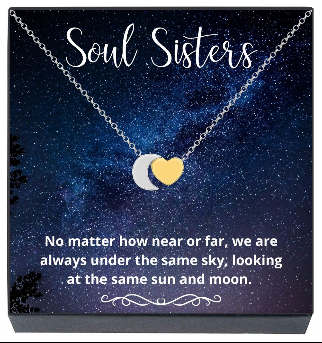 Soul Sisters Necklace, Best Friends Jewelry Gifts, Soul Sisters Moon Heart Necklace, Unique Friendship Jewelry Gifts Best Friends Forever, BFF, Besties, Women, Teens, Girls (2-Tone Gold) - image 1 of 5