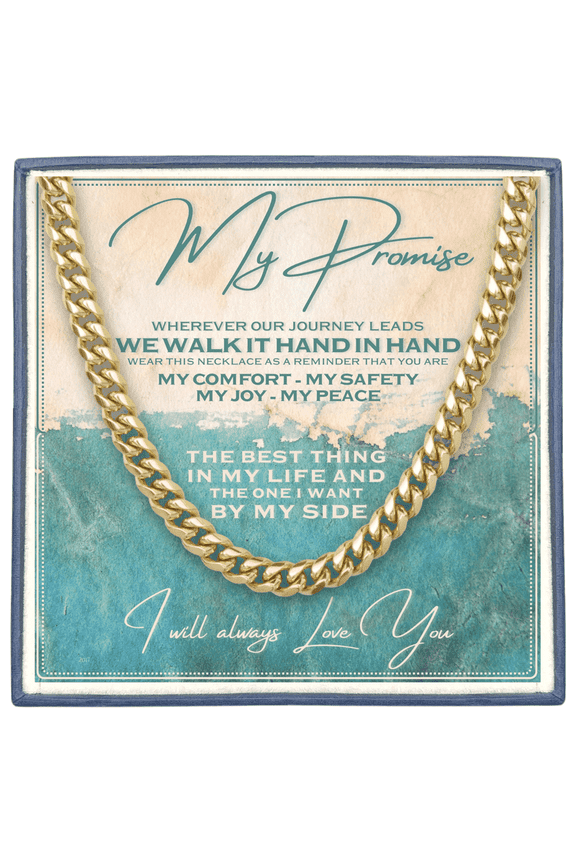 Cuban Chain Promise Necklace for Men - Durable Stainless Steel, Meaningful I Love You Card with Bible Verse, Anniversary for Husband, Boyfriend - Keepsake Gift Box (My Promise, Gold)