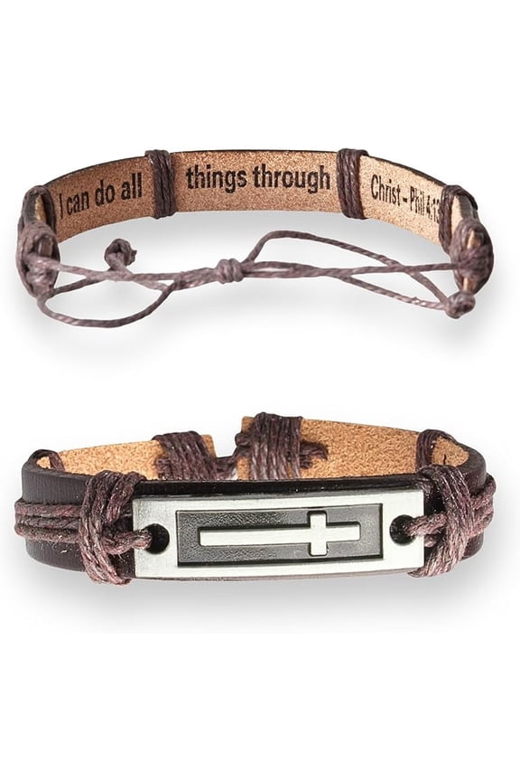 Engraved Leather Adjustable Bracelet for Men & Teens, Bible Verse Bracelets, Confirmation Inspirational Christian Gifts for Teenagers (Phil 4:13 Brown)