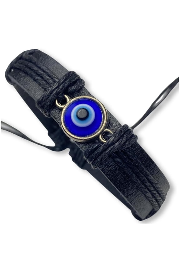 Evil Eye Bracelets for Men, Nazar Charms on a Handmade Black Leather Adjustable Wrap, Hamsa Hand Jewelry