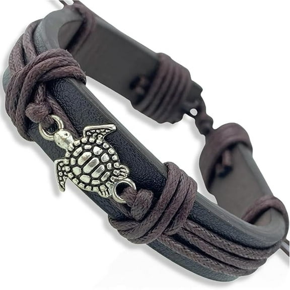 Soul Statement Men's Leather Wrap Turtle Bracelet, Summer Trendy Unisex Surfer Jewelry, Adjustable Sizing for Adults and Teenagers, Turtles Charm (Brown Turtle)