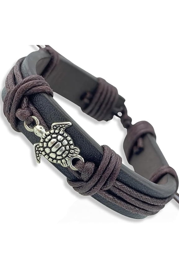 Men's Leather Wrap Turtle Bracelet, Summer Trendy Unisex Surfer Jewelry, Adjustable Sizing for Adults and Teenagers, Turtles Charm (Brown Turtle)