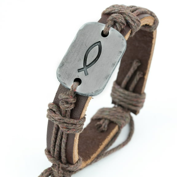 Soul Statement Men's Wrap Bracelet Brown Fish Charm, PU Leather
