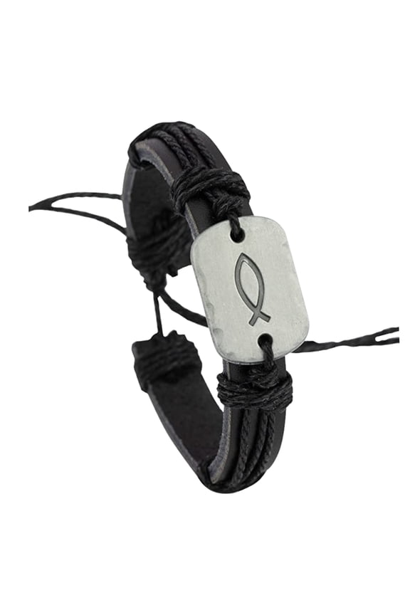 Sign of The Fish Men's Leather Wrap Bracelet for Teens, Men Confirmation Gifts, Communion Religious Jewelry (Black Fish)