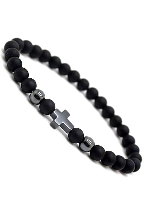 Unisex Stretch Stone Beaded Hematite Cross Bracelets 6mm Bead Adjustable Size for Men and Teens (6mm Black Gray)