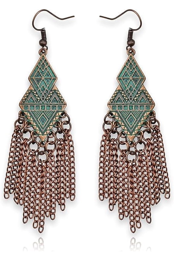 Vintage Country Western Jewelry for Women: Dangle Boho Turquoise & Bronze Patina Earrings with Long Copper Tassel Chains Set, Cowgirl Style Geometric Concert Festival Accessories
