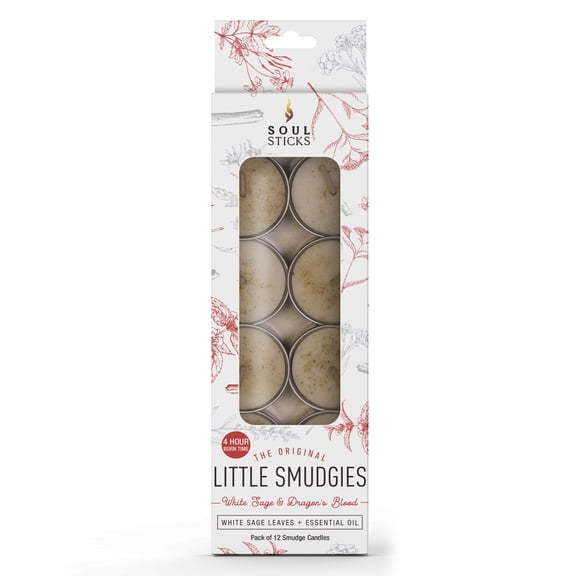 Soul Sticks 12 Pack Dragons Blood with White Sage Smudge Tealight Candles or Cleansing House, Meditation, Chakra Healing | Made with Crystals and Herbs