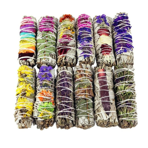 Soul Sticks 12 Pack Variety Floral Sage Bundles Set of 12 White Sage Sticks with Flowers with Smudge Guide