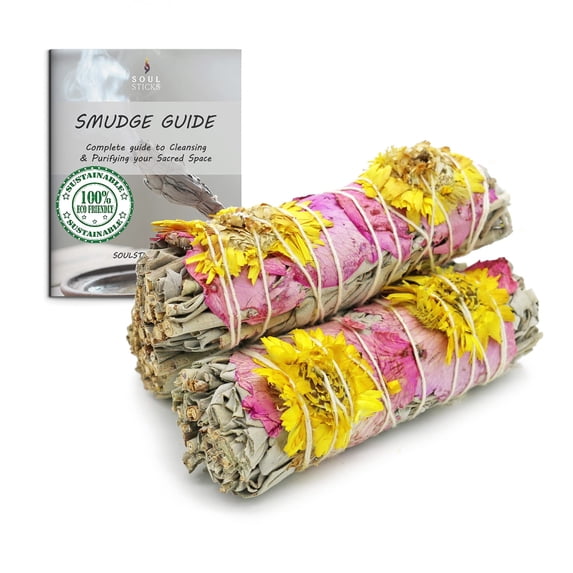Floral White Sage Smudge Sticks with Flowers 3 Pack for Cleansing Home, Meditation, Yoga, Healing and Smudging Sustainably Sourced California White Sage Bundles Evelyn Lavender