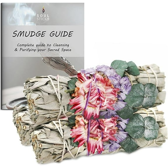 Soul Sticks 3 Pack Fairy Dreams Floral White Sage Smudge Sticks Bundle with Flowers for Cleansing Home, Meditation, Yoga, Healing and Smudging, Sustainably Sourced California