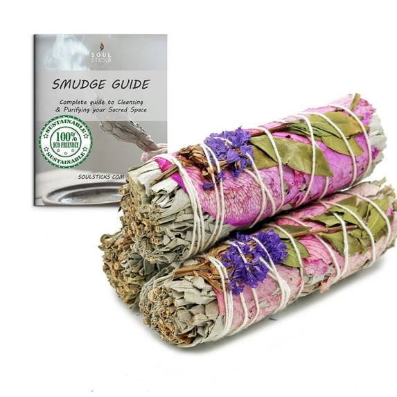 Floral White Sage Smudge Sticks with Flowers 3 Pack for Cleansing Home, Meditation, Yoga, Healing and Smudging Sustainably Sourced California White Sage Bundles Meadow Fresh