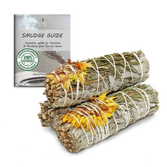Floral White Sage Smudge Sticks with Flowers 3 Pack for Cleansing Home, Meditation, Yoga, Healing and Smudging Sustainably Sourced California White Sage Bundles Summer Glow