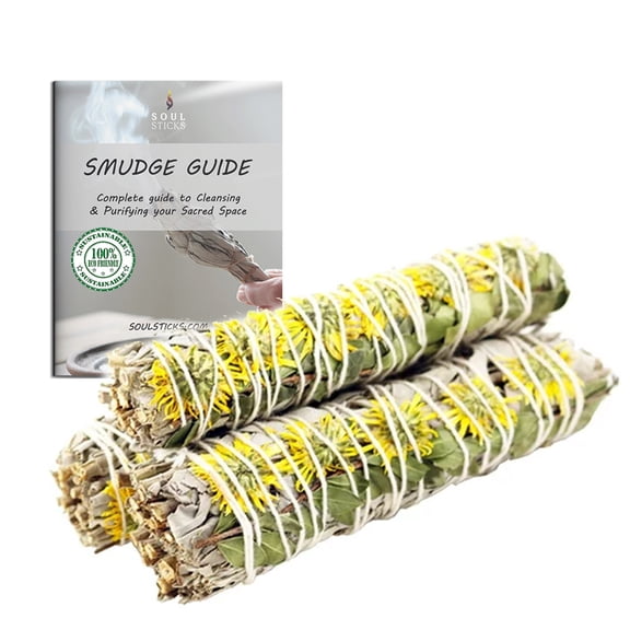 Soul Sticks 3 Pack Sunflower Sage 6" Smudge Stick Bundle with Guide for Cleansing, Energy Clearing, Smudging, & Positive Vibes