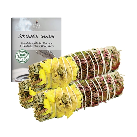 Floral White Sage Smudge Bundle  3 Pack (4") Sweetheart Smudging Sticks with Guide | Soul Sticks
