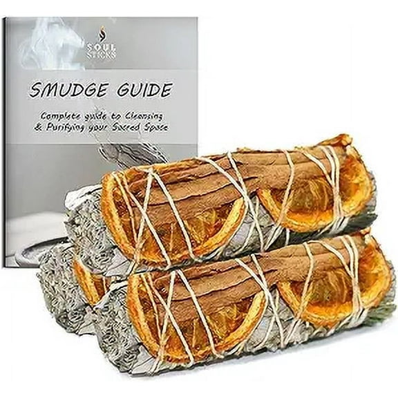 Soul Sticks 3 Pack White Sage Orange Cinnamon Sage Smudge Sticks for Money Cleansing House, Abundance, Money, Negative Energy Cleanse, and Smudging with Starter Guide