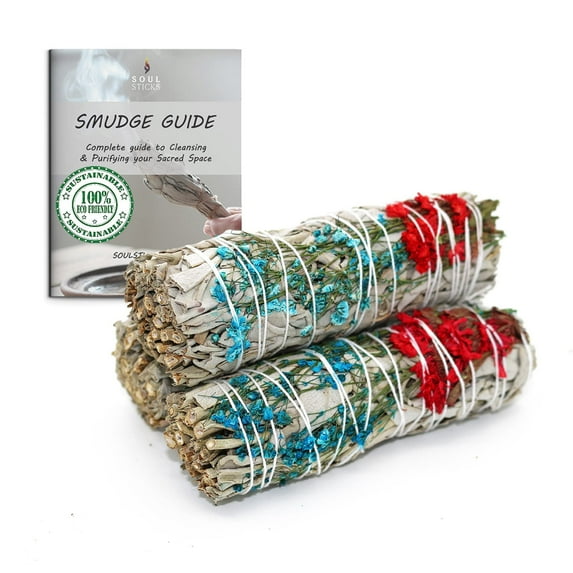 Floral White Sage Smudge Sticks with Flowers 3 Pack for Cleansing Home, Meditation, Yoga, Healing and Smudging Sustainably Sourced California White Sage Bundles Winter Love