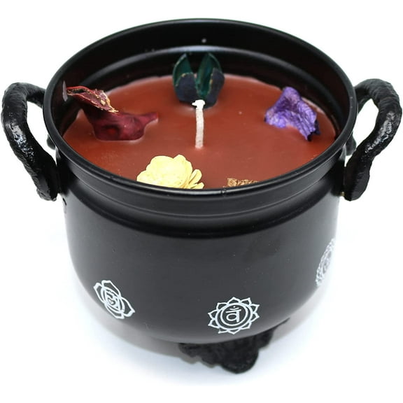Soul Sticks 4" 7 Chakras Metal Cauldron Palo Santo Scented Candle with Dried Flowers with Handle Reusable for Spells, Smudging, Rituals & Blessings