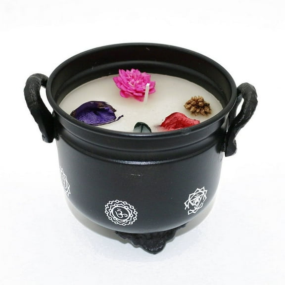 Soul Sticks 4" 7 Chakras Metal Cauldron White Sage Scented Candle with Dried Flowers with Handle Reusable for Spells, Smudging, Rituals & Blessings